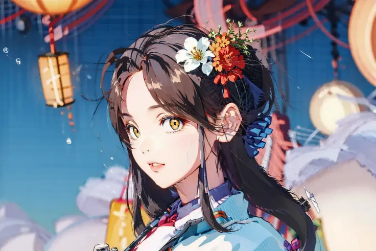 1girl, breasts, moon, lantern, night, solo, large breasts, hair ornament, wet, kimono, japanese clothes, wading, water, hair flower, flower, outdoors, sky, full moon, rain, black hair, off shoulder, mountain, cloud, holding, sash, bare shoulders, paper lantern, standing, white kimono, night sky, sideboob, obi, wet clothes, bangs, tree, from side, reflection, short hair, cloudy sky, wet hair {{(masterpiece),(extremely detailed CG unity 8k wallpaper),best quality,,solo,1girl,cinematic lighting,detailed background,beautiful detailed eyes,bright pupils, (an extremely delicate and beautiful),(Beautiful and detailed eye description)， ultra-detailed,masterpiece,}}, <lora:cnGirlYcy_v10:1.5>