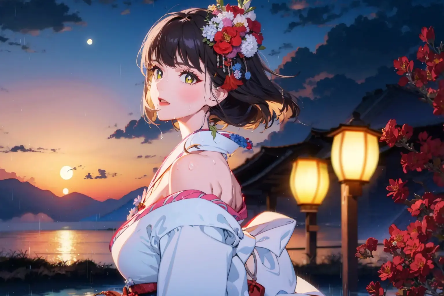 1girl, breasts, moon, lantern, night, solo, large breasts, hair ornament, wet, kimono, japanese clothes, wading, water, hair flower, flower, outdoors, sky, full moon, rain, black hair, off shoulder, mountain, cloud, holding, sash, bare shoulders, paper lantern, standing, white kimono, night sky, sideboob, obi, wet clothes, bangs, tree, from side, reflection, short hair, cloudy sky, wet hair {{(masterpiece),(extremely detailed CG unity 8k wallpaper),best quality,,solo,1girl,cinematic lighting,detailed background,beautiful detailed eyes,bright pupils, (an extremely delicate and beautiful),(Beautiful and detailed eye description), ultra-detailed,masterpiece,}}, <lora:hauteCoutureFanBingbing_v10:1>