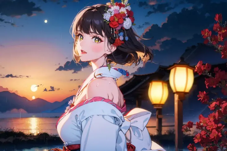 1girl, breasts, moon, lantern, night, solo, large breasts, hair ornament, wet, kimono, japanese clothes, wading, water, hair flower, flower, outdoors, sky, full moon, rain, black hair, off shoulder, mountain, cloud, holding, sash, bare shoulders, paper lantern, standing, white kimono, night sky, sideboob, obi, wet clothes, bangs, tree, from side, reflection, short hair, cloudy sky, wet hair {{(masterpiece),(extremely detailed CG unity 8k wallpaper),best quality,,solo,1girl,cinematic lighting,detailed background,beautiful detailed eyes,bright pupils, (an extremely delicate and beautiful),(Beautiful and detailed eye description)， ultra-detailed,masterpiece,}}, <lora:hauteCoutureFanBingbing_v10:1>