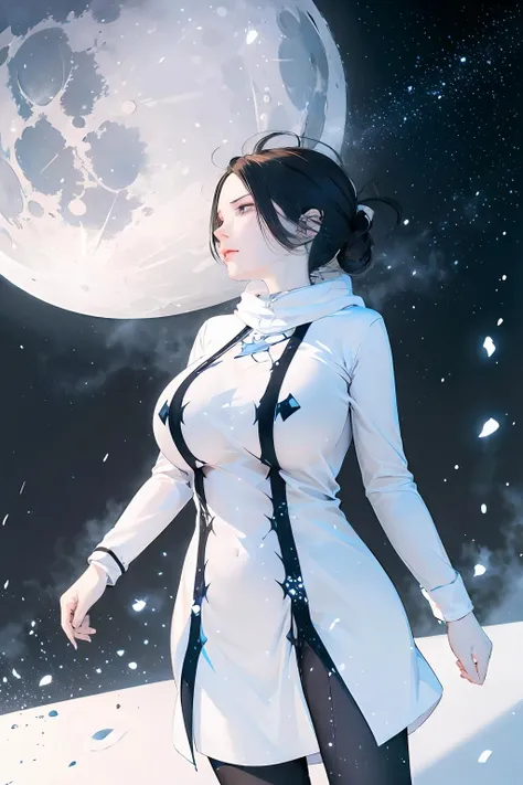 1girl,big breasts,black hair,standing,dynamic_angle,realistic,highres,moody lighting,<lora:saojiao:0.8>,((moon)), starry sky, (lighting particle), fog, snow,(bloom),