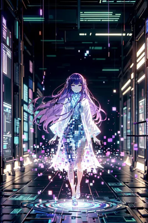 <lora:pixelize:0.6> (((glowing, hologram, blurry, digital dissolve, cyberpunk, dissolving clothes, dissolving body, glitch))), looking at viewer, <lora:CHAR-Fern:0.8> FernFrieren, very long hair, purple eyes, (purple pupils), white dress, black robe,, ultra detailed, masterpiece, best quality, aesthetic, detailed,