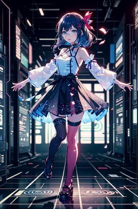 <lora:pixelize:0.4> (((glowing, hologram, blurry, digital dissolve, cyberpunk, dissolving clothes, dissolving body, glitch))), fighting stance, looking at viewer, <lora:LilyPichu:0.8> (LilyPichuTI:0.9), glasses,, ultra detailed, masterpiece, best quality, aesthetic, detailed,, hair ribbon, frilled choker, criss-cross halter, sleeveless dress, high-waist skirt, backless dress, waist bow, detached sleeves, frilled sleeves, wide sleeves, pantyhose, patterned legwear, mary janes,