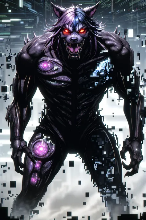 masterpiece, best quality, absurdres, 1boy, solo, <lora:werewolf_v0.2:1.0> werewolf, howling, monster, glowing eyes, open mouth, sharp teeth, <lora:pixelize:0.5> (((glowing,hologram,blurry,digital dissolve,cyberpunk, dissolving body,glitch))),fighting stance,looking at viewer,