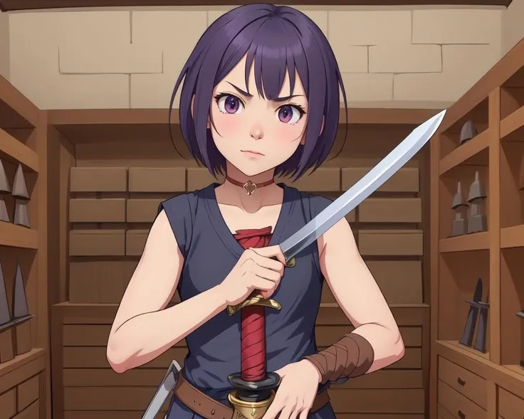 <lora:weapon_shop:-0.5>, weapon_shop, 1girl, (holding sword:1), face focus