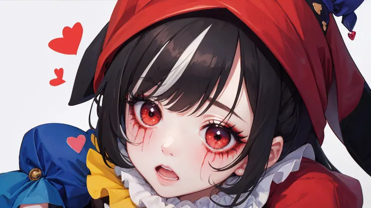 (masterpiece:1.2), (ultra detailed:1.2), (best quality:1.1), runny makeup, 1girl, multicolored clothes, trembling, red eyes, makeup, messy mascara, <lora:runny_makeup:0.9>, white background