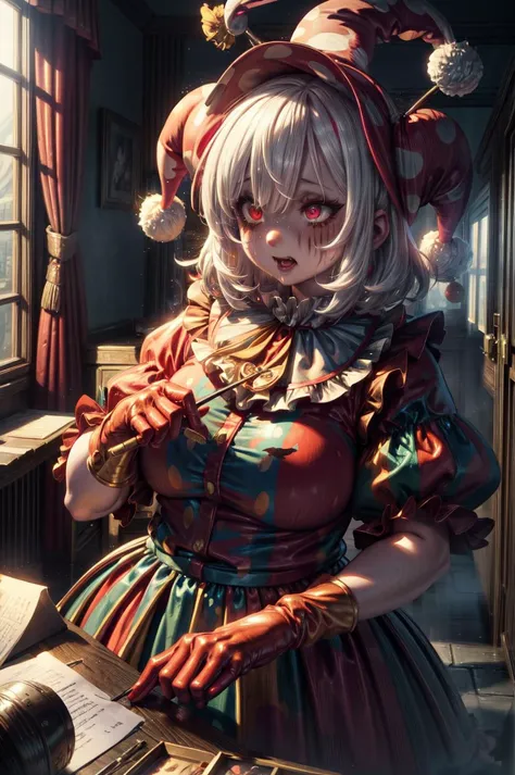 detailed illustration, close up, of a mature chubby woman, runny makeup, multicolored clothes, solo, trembling, red eyes, short sleeves, puffy sleeves, multicolored headwear, gloves, medium hair, clown, white hair, puffy short sleeves, hat, jester cap, wariza, red gloves, makeup ,messy mascara, indoors, castle, cinematic lighting, hires, volumetric lighting, highly detailed background, masterpiece, <lora:add_detail:0.5> <lora:hairdetailer:0.5> <lora:runny_makeup:1>