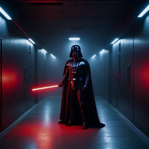 darth vader in a dark smokey starship hallway, lit by his red lightsaber