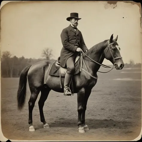 1860s sepia photo, torn, faded, lightly burned of Duke Smitherington on his horse.