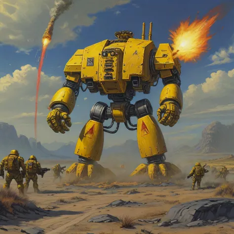 a four meter tall yellow drdnght machine with rocket launcher and flamethrower walks across an alien battlefield searching for enemies, rockets streak across the sky and explode into the landscape,