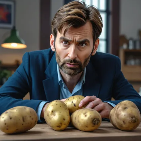 (cinematic, high quality, super detailed, aesthetic, much detail, over detailed, sharp) picture of David Tennant looking at a potato with intrigue, 8k, 16k 32k, 64k, trending on fartstation, art by sir henry woodruff-key, HDR, B&Q