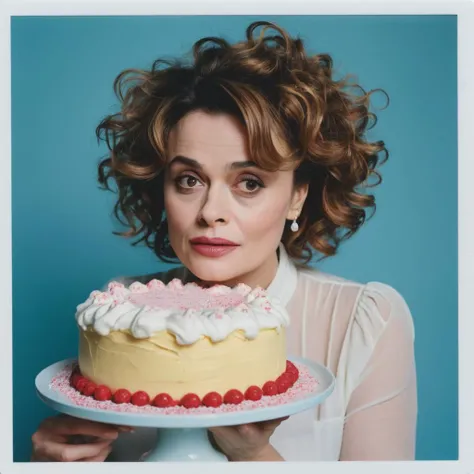 polaroid picture of Helena Bonham Carter looking at a cake, cake explosion, butter icing, icing sugar puff cloud.