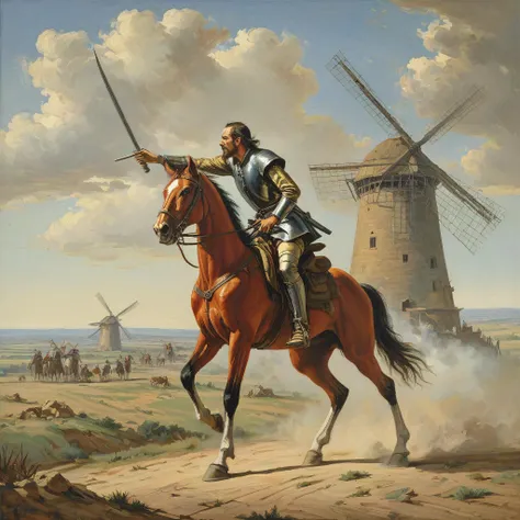 The iconic battle of Don Quixote against the windmills, which he mistakes for giants. The scene captures Quixote charging at the windmills with his lance, while Sancho Panza, his faithful squire, looks on in bewilderment. The vast plains of La Mancha stretch out behind them, highlighting the grandeur of Quixote's imagination against the mundane reality