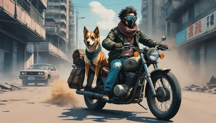 (1980s anime, cinematic, aesthetic, wow) anime illustration of a post-apocalyptic survivor on a motorcycle, speeding through a deserted city with a loyal dog in the sidecar, both wearing goggles and scarves against the dust