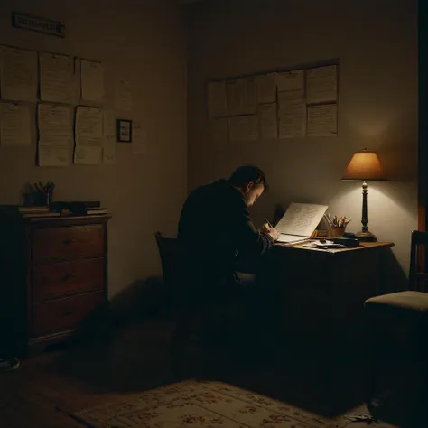 A dimly lit, cluttered room with a small desk where a man, thin and thoughtful, sits writing in a diary by a pen. The walls are dreary and the atmosphere is heavy with secrecy and fear. A telescreen looms in the background, its screen casting a faint glow