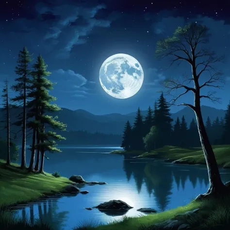 digital painting, A wonderous landscape, night, moonlight, trees, lakes
