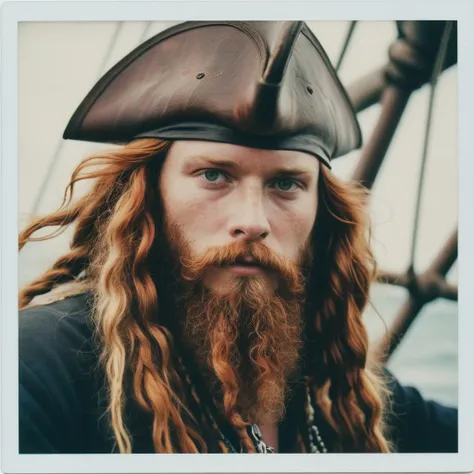 analog polaroid of (long hair, dread hair:0.4), face close, pirate, redhead beard, viking, natural eyes