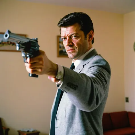 Andy Serkis aiming a hand cannon in the apartment scene from Pulp Fiction, swm29 , style of tarantino, movie poster, grey suit,