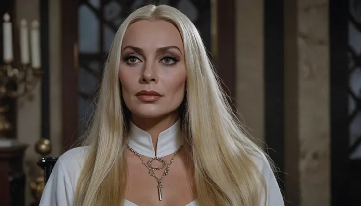 (cinematic, aesthetic, wow) morticia addams wearing white with blonde hair.