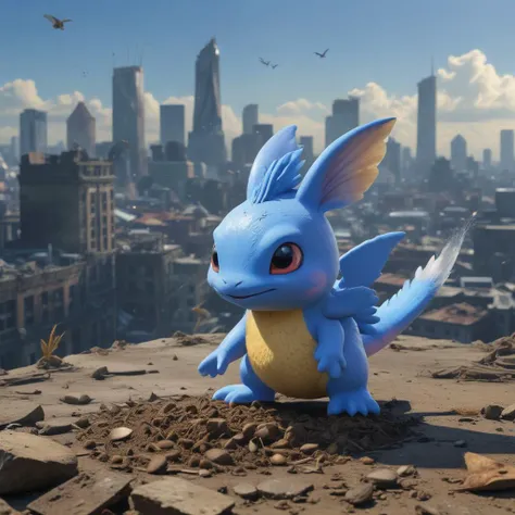 A giant mudkip scattering seeds over a large dilapidated cityscape