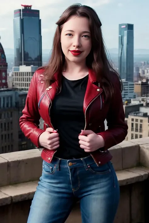 lellis, leather jacket, tshirt, jeans, red lipstick, smiling, city background
