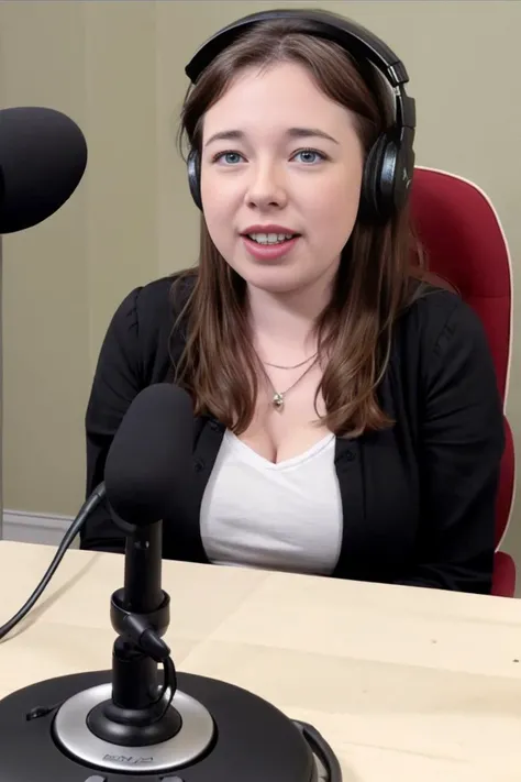 lellis, tshirt, sitting in a chair in font of a boom microphone, headphones, smiling