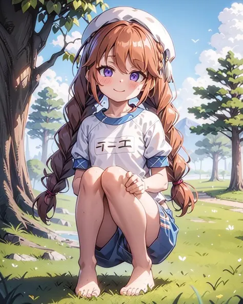 masterpiece, best quality, highly detailed
 <lyco:yuni-v1-000005:0.9>,yuni, purple eyes, brown hair,smile, 
long hair, blush, braid, twin braids, bangs, hair between eyes,   petite, 
yunigym, shirt, hat, white shirt, short sleeves, shorts, white headwear, gym uniform, blue shorts
 (from side:0.6),outdoors, full body, feet fetishist,
,,barefoot,