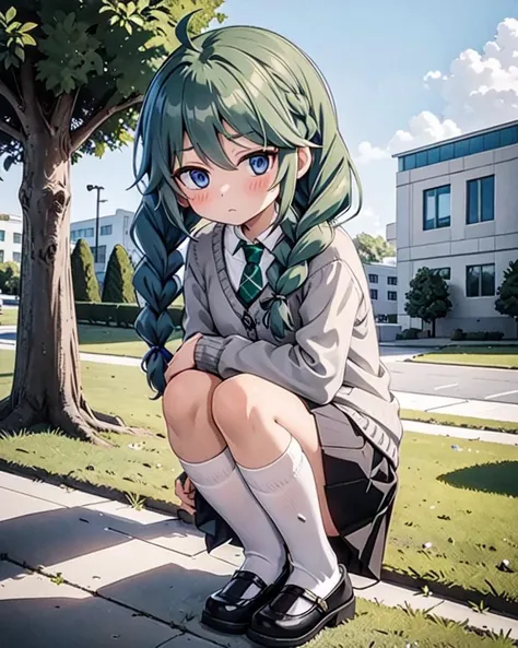 masterpiece, best quality, highly detailed
 <lyco:yuni-v1-000005:0.9>,yuni,blue eyes, green hair, ahoge
long hair, blush, braid, twin braids, bangs, hair between eyes,   petite, 
yunireal, skirt, school uniform, necktie, cardigan, green necktie
 (from side:0.6),outdoors, full body, feet fetishist, , 
wariza,  , <lora:mary_janes_v0.2:0.6>,,mary_janes,, ,,