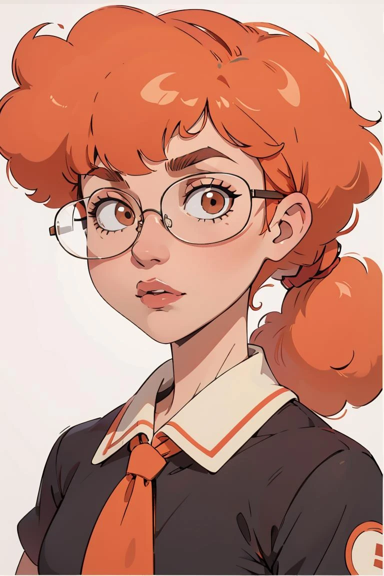 (official style),parody,(Patty),ginger hair,Afro,ponytail,blunt bangs,looking at viewer,glasses. ,<lora:patty-V5:0.8>,