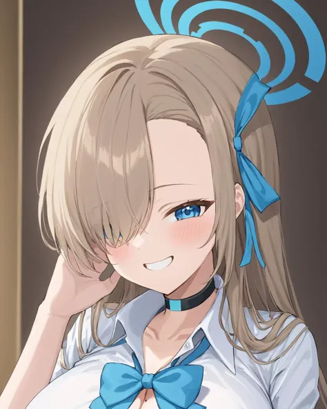 asuna \(blue archive\),1girl, halo, solo, large_breasts, school_uniform, white_shirt, hair_over_one_eye, looking_at_viewer, collared_shirt, skirt, black_choker, grin, cleavage, mole_on_breast, hair_ribbon, sleeves_rolled_up, blush, blue_ribbon, hand_on_own_face, blue_bowtie, upper_body
<lora:asuna_(blue_archive)_image5035_2023-11-25-000008:1>halo. gorgeous,key visual, vibrant, studio anime,award-winning, professional, highly detailed,high budget, cinemascope