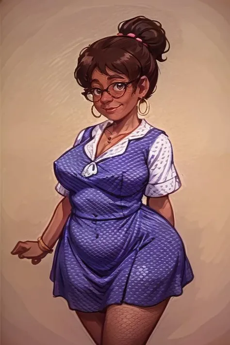 <lora:Connie - The Price is Right - 1972 - HR:1>connie_tpir, woman, middle age, brown hair, hair in bun, hoop_earrings, 1960s, black frame glasses, blue polkadot dress, white polkadot neckerchief, nametag on chest, jewelry, necklace, smile, chubby, fat<lora:LCM_SD15:1.0>