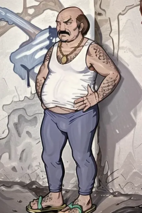 <lora:Carl_aqua_teen_hunger_force_V10:0.85> athfcarl, solo, 1boy, male focus, tank top, facial hair, necklace, tattoo, jewelry, pants, sandals, white tank top, blue pants<lora:LCM_SD15:1.0>