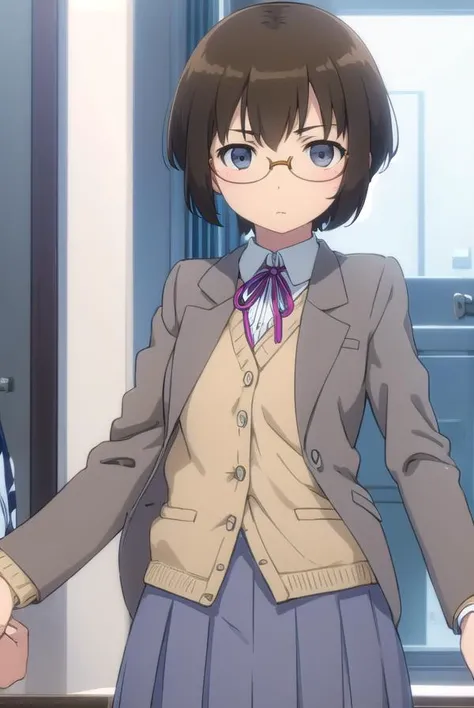 manamitamura, <lora:manami tamura s2-lora-nochekaiser:1>,
manami tamura, short hair, brown hair, (grey eyes:1.3), glasses,
BREAK skirt, school uniform, jacket, blazer, grey skirt,
BREAK indoors, classroom,
BREAK looking at viewer, (cowboy shot:1.5),
BREAK <lyco:GoodHands-beta2:1>, (masterpiece:1.2), best quality, high resolution, unity 8k wallpaper, (illustration:0.8), (beautiful detailed eyes:1.6), extremely detailed face, perfect lighting, extremely detailed CG, (perfect hands, perfect anatomy),