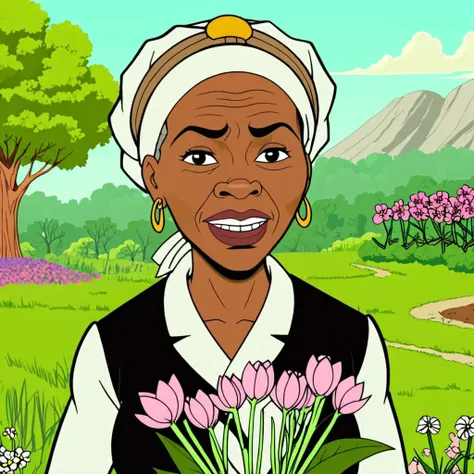 cartoon screenshot  of  Harriet Tubman  in (venturebros:1.4) style. , Relieved expression, Planting flowers
<lora:VentureBros_style_XL_v1.1:1.0>