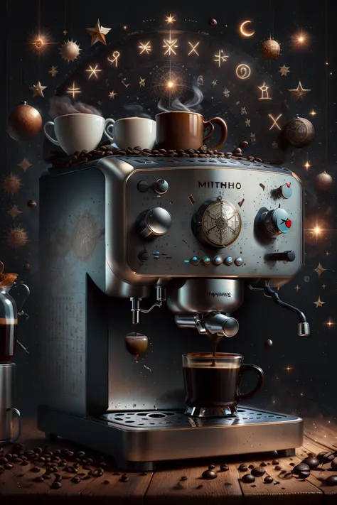 <lora:typography-astrology-style-darquelilly-v1:1>typologyastrologystyle, coffee machine