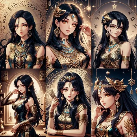 (otherworldly, otherworldly atmosphere, otherworldly appearance), highly insanely detailed, masterpiece, top quality, best quality, highres, 4k, 8k, RAW photo, collar, earrings, jewelry, necklace, armlet,
(long_hair, long hair, random colors cloth, random colors hair, random long hair, dynamic hair, glowing hair, hair over one eye),
(eyelashes, eyeliner, eyeshadow, eyelashes),
makeup,
(dynamic pose), (dynamic weather), (dynamic background), nsfw,
((ancient egyptian theme)), golden ornaments,
1girl, (portrait),
(ancient egyptian theme city ruins),
<lora:typography-astrology-style-darquelilly-v1:1>typologyastrologystyle, engraved runes,
BREAK, (fantasy world)