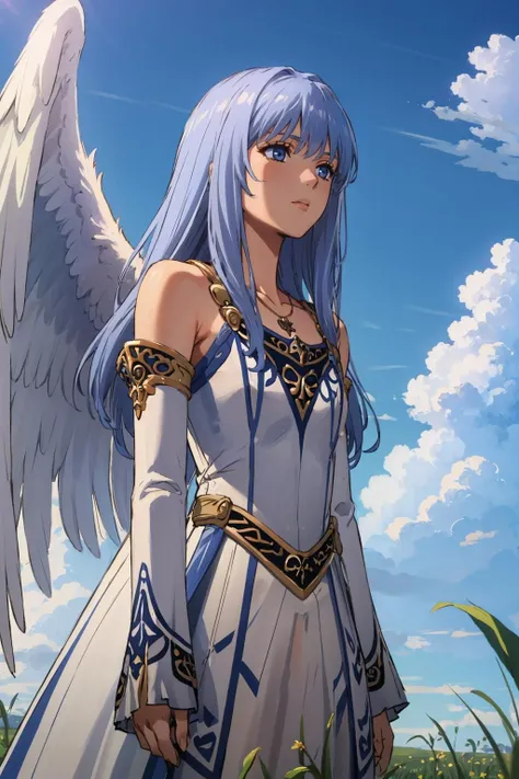 masterpiece, best quality, <lora:reah-nvwls-v1-000009:0.9> angelreah, angel wings, white dress, detached sleeves, necklace, sky, field, clouds, looking up, hand to own chest
