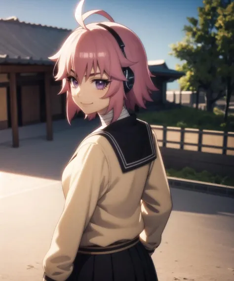 (masterpiece, best quality, extremely detailed CG, beautiful detailed eyes, ultra-detailed, intricate details:1.2), 8k wallpaper, elaborate features, glistening shiny, glowing light, ray tracing, HDR, deph of field, (perfect face), HD, perfect lighting, ((beautiful detailed eyelashes)), ((cowboy shot)), ((outdoors, japanese town)),  ((3D)), ((from behind, looking back, smile)),
MiyamotoMusashi, 1girl, purple eyes, pink hair, short hair, cleavage, bandages, choker, long sleeves, bangs, school uniform, ahoge, shirt, hair between eyesm sailor collar, sleeves past wrists, bandaged leg, belt, pleated skirt, buttons, headphones, <lora:MiyamotoMusashi:0.7>