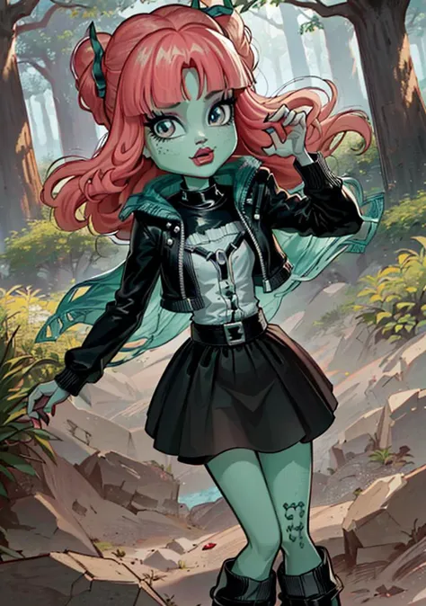 1girl, cute, (monster girl), (zombie girl), skirt, pink hair, boots, jacket, looking at viewer,
(detailed ladscape, forest:1.2), (background), (dynamic_angle:1.2), (dynamic_pose:1.2), (rule of third_composition:1.3), (dynamic_perspective:1.2), (dynamic_Line_of_action:1.2), solo, wide shot,
(masterpiece:1.2), (best quality, highest quality), (ultra detailed), (8k, 4k, intricate),(full-body-shot:1), (Cowboy-shot:1.2), (50mm), (highly detailed:1.2),(detailed face:1.2), detailed_eyes,(gradients),(ambient light:1.3),(cinematic composition:1.3),(HDR:1),Accent Lighting,extremely detailed CG unity 8k wallpaper,original, highres,(perfect_anatomy:1.2),
<lora:ComissionMonsterHigh_Style-20:0.8>