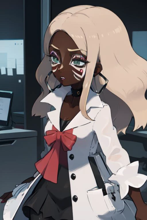 close up face shot, <lora:OleanaLora-10:0.7>, oleana \(pokemon\), red shirt, black skirt, pantyhose, white coat, makeup, lipstick, pencil skirt, choker, hoop earrings, solo, 1girl, corporate office, <lora:PokemonV2:1> generation 8, ((yamanba:1.5), (white facepaint makeup:1.3, white face tattoo)) (brown colored skin, dark-skinned female, very dark skin) ((<lora:Dskin_v1.0:1.3> dark skin)) <lora:Kuroko:.25> <lora:ManbaSD1_5_Baaki:.25> <lora:retromanba:.2>,rainbow hair,