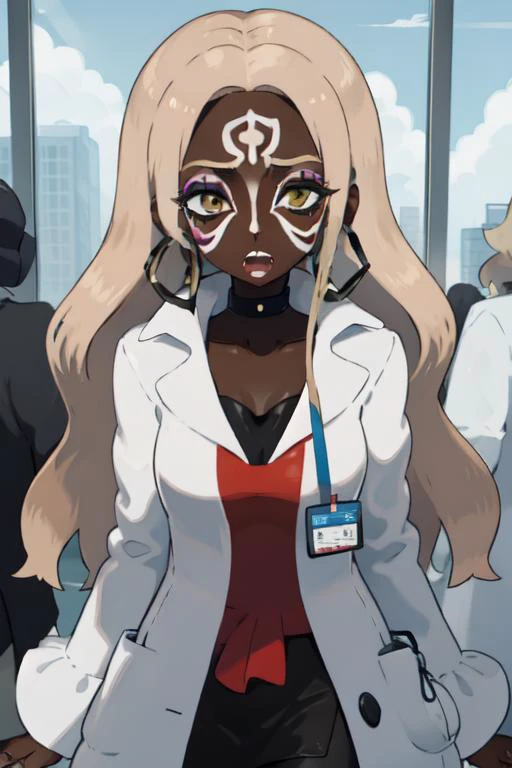 close up face shot, <lora:OleanaLora-10:0.7>, oleana \(pokemon\), red shirt, black skirt, pantyhose, white coat, makeup, lipstick, pencil skirt, choker, hoop earrings, solo, 1girl, corporate office, <lora:PokemonV2:1> generation 8, ((yamanba:1.5), (white facepaint makeup:1.3, white face tattoo)) (brown colored skin, dark-skinned female, very dark skin) ((<lora:Dskin_v1.0:1.3> dark skin)) <lora:Kuroko:.25> <lora:ManbaSD1_5_Baaki:.25> <lora:retromanba:.2>,rainbow hair,