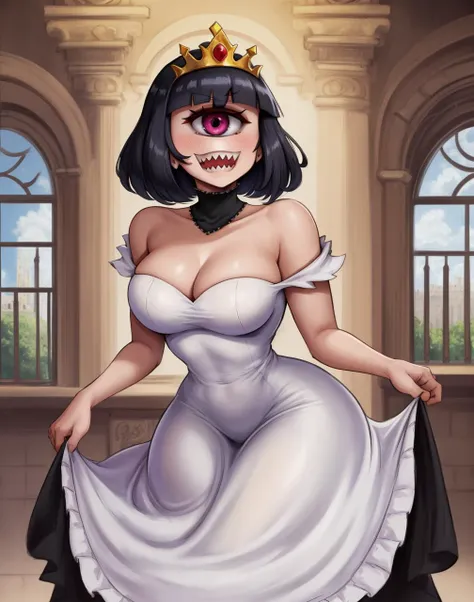 <lora:cyclopsMonsters_v1:0.8>,(1girl), adult, (cyclops:1.2) ((one-eyed), blunt bangs, sharp teeth),castle interior, princess dress, tiara, fields, black hair, balcony
