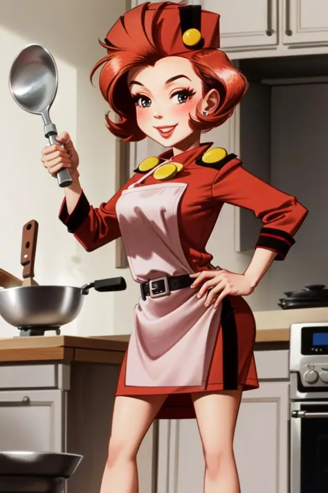 ((best quality)), ((masterpiece)), (detailed),(high-resolution:1.2),  portrait, happy, cooking , kitchen
Spirou mom, red dress, groom cap, redhead