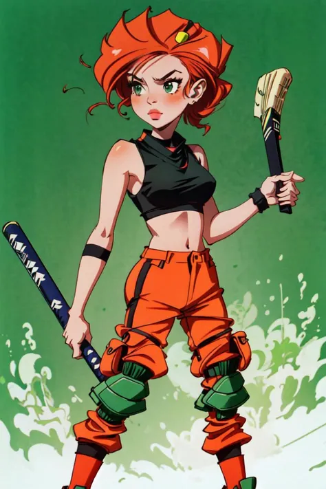 ((best quality)), ((masterpiece)), (detailed),(high-resolution:1.2),  portrait,  adult woman
Spirou mom, holding a baseball bat, black top, red jogging, green roller ,  redhead,