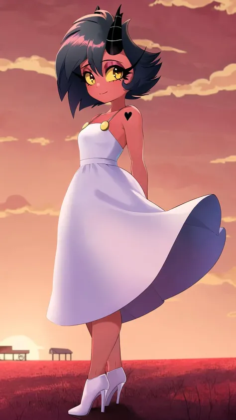 Masterpiece, best quality,  <lora:millieHelluvaBoss_v10:1> millie, 1girl, solo, detailed face, upper body, yellow eyes, short hair, black hair, demon girl, horns, (white sundress, white high heels), arms behind back, cheerful, (muscular female, abs:0.75), red skin, colored skin, novel illustration, (full body:1.5), red sky, looking at viewer, floating hair, farm,