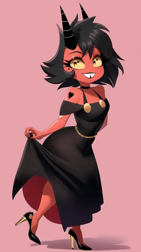 Masterpiece, best quality,  <lora:millieHelluvaBoss_v10:1> millie, 1girl, solo, detailed face, upper body, yellow eyes, short hair, black hair, demon girl, horns, (black gown, black dress, gold accents, fancy dress, high heels:1.5), (muscular female, abs:0.75), red skin, colored skin, novel illustration, smile, simple background, closed mouth, pinup pose, (full body:1.5), (midget:1.2), thick thighs, wide hips, small breasts,