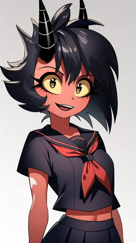 Masterpiece, best quality,   <lora:millieHelluvaBoss_v10:0.9> millie, 1girl, solo, detailed face, upper body, yellow eyes, short hair, black hair, demon girl, horns, school uniform, sailor uniform, arms behind back, cheerful, (muscular female, abs:0.75), red skin, colored skin, (full body), novel illustration,