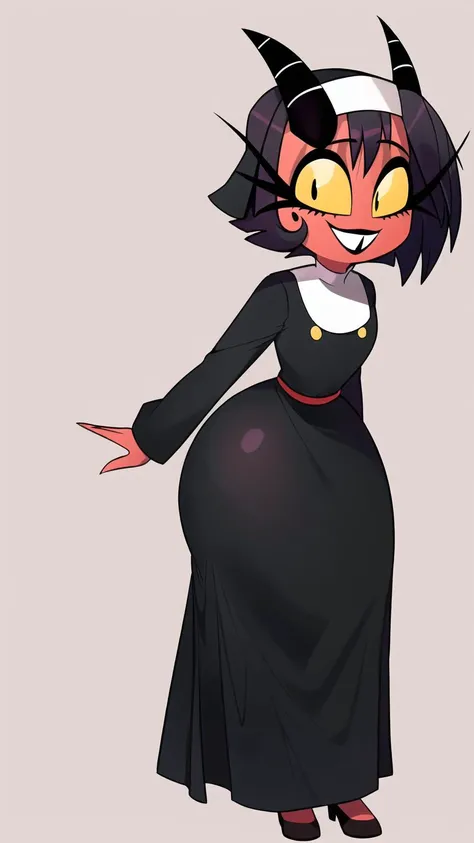 Masterpiece, best quality,  <lora:millieHelluvaBoss_v10:1> millie, 1girl, solo, detailed face, upper body, yellow eyes, short hair, black hair, demon girl, horns, (nun, loose clothes, dress, long sleeves), (muscular female, abs:0.75), red skin, colored skin, novel illustration, smile, (full body:1.5), thick thighs, wide hips, small breasts, ,