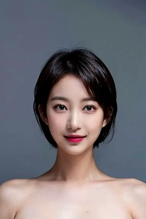 (masterpiece, top quality, best quality, (close-up photograph: 2), ((1girl)), fair skin, (((closed lips))), (extremely detailed face), looking straight, ultra-detailed eyes and pupils, ((bare pectorals)), ((bare chest)), bare head, nude dress, (((bare shoulders))), symmetrical frame, ((strapless)), (((smile))), ((symmetrical pose)), looking at viewer, (((looking at viewer))), ((symmetrical face: 1.6)), 35mm, simple grey background, ((studio lighting)), no watermark, ((short hair)), <lora:hyelinlorashy:1>