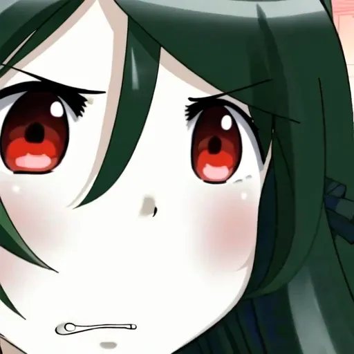 masterpiece, best quality, sadako_yamamura, <lora:Sadakobest:0.7>, red eyes, <lora:gununuMemeLora272_v10:1>, gunuaki, 1girl, clenched teeth, close-up, parody, teeth,
