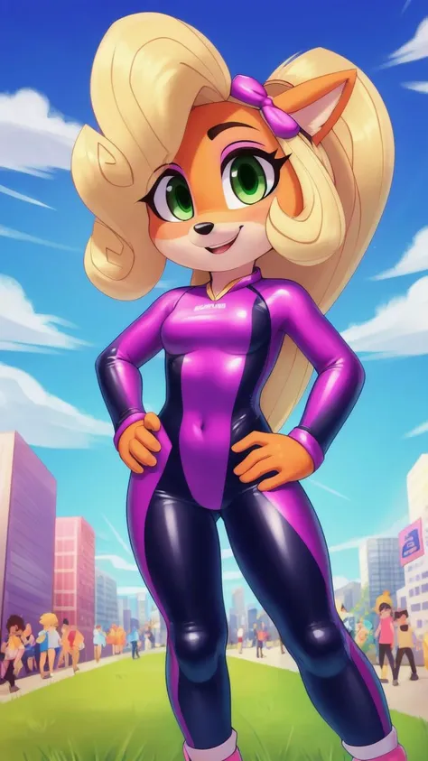 (<lora:CocoBandicoot1:1>),(1girl:1),(animal ears:0.961),(blonde hair:0.78),(blue sky:0.975),(small breasts:0.981),(building:0.952),(city:0.815),(closed mouth:0.715),(cloud:0.971),(day:0.98),(furry:0.941),(furry female:0.963),(green eyes:0.925),(hand on hip:0.937),(hands on hips:0.966),(long hair:0.853),(looking at viewer:0.633),(outdoors:0.967),(sky:0.989),(skyscraper:0.862),(small breasts:0.673),(smile:0.902),(solo:0.997),(standing in a crowded street with people watching),(standing:0.709),(tree:0.596),(coco bandicoot),AS-Young,coco bandicoot in a skintight latex racing suit,